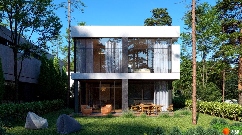 Котеджне містечко SHELEST.home: двоповерховий будинок з панорамними вікнами та терасою, оточений зеленню та деревами. На прибудинковій території розташовані крісла та обідній стіл.