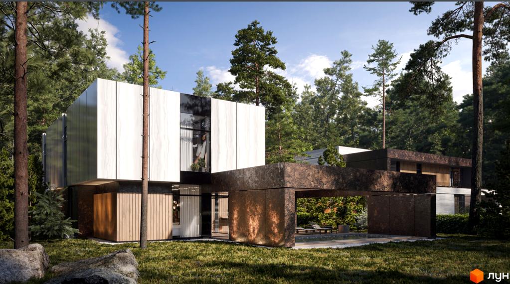 Котеджне містечко КМ SHELEST.home з білою та коричневою обшивкою, що розташоване серед соснового лісу. Навколо будинку зелена галявина з камінням та зона відпочинку з басейном.