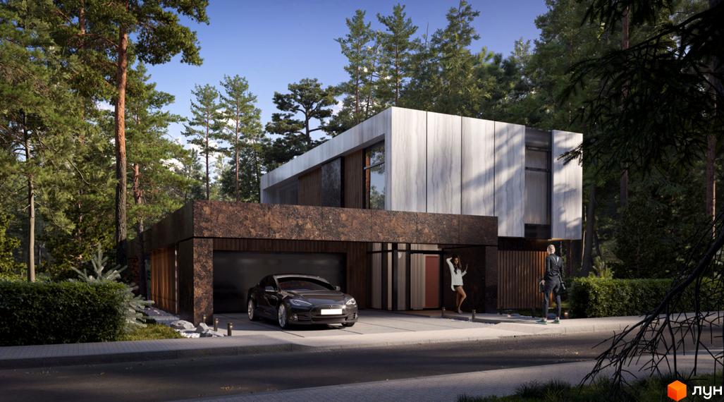 Котеджне містечко SHELEST.home. Будинок з білими та коричневими фасадами, гаражем та автомобілем на подвір'ї, оточений деревами.