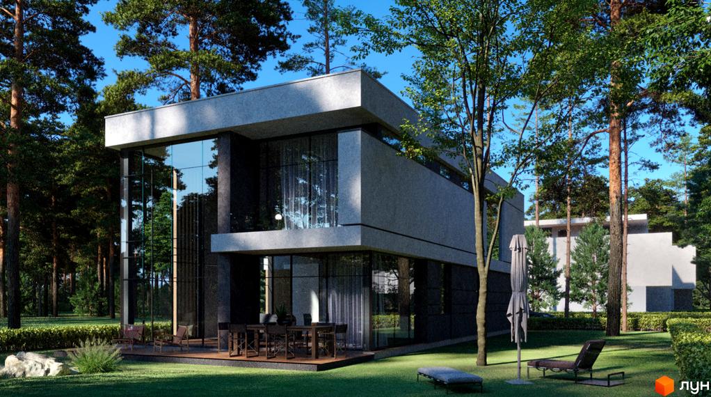 Котеджне містечко SHELEST.home: двоповерховий будинок з панорамними вікнами та терасою, оточений соснами. На території розташовані шезлонги та парасолька.