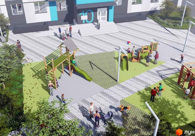 Житловий комплекс Синергія Color з біло-сірими фасадами та блакитними акцентами, поруч дитячий майданчик.