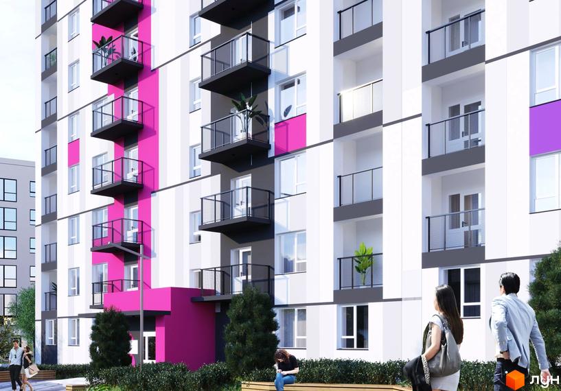 Зовнішній вигляд будинку ЖК Синергія Color з яскравими рожевими та фіолетовими акцентами, балконами та прибудинковою територією з деревами та людьми.