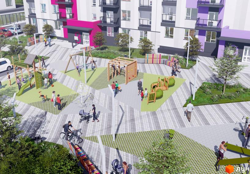 Житловий комплекс Синергія Color з яскравими фасадами та облаштованим дитячим майданчиком. На території багато зелені та зон для відпочинку.