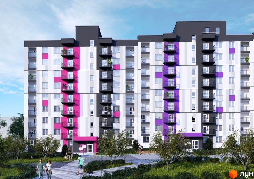 Новобудова ЖК Синергія Color з яскравими рожевими та фіолетовими акцентами на фасаді, балконами та впорядкованою прибудинковою територією з деревами та пішохідними доріжками.