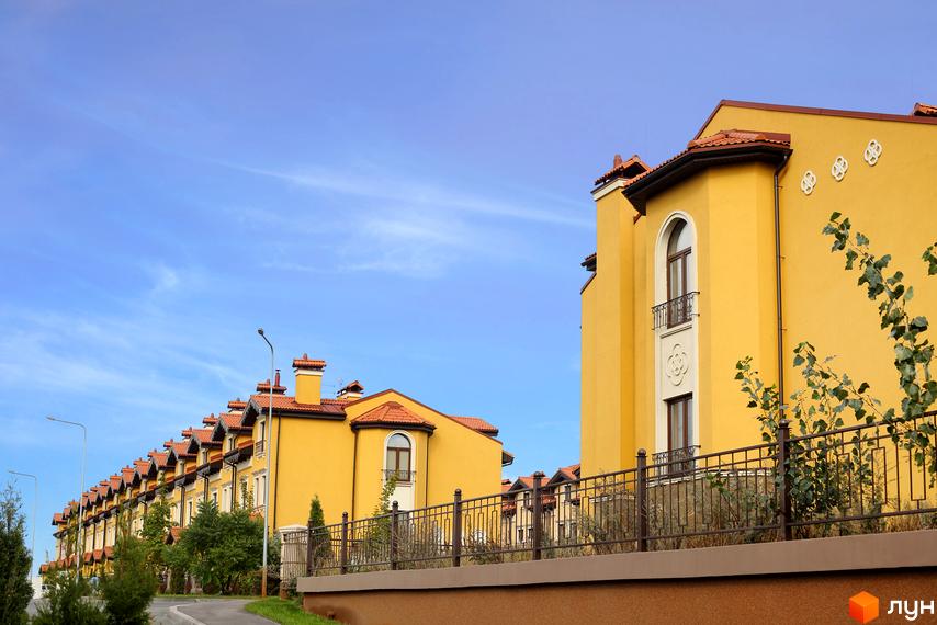 Котеджне містечко КМ Італійський квартал. Зовнішній вигляд жовтих будинків з червоними дахами та прибудинкова територія з огорожею та деревами.