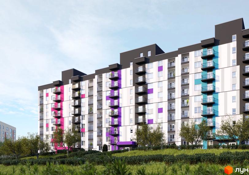 Будівельний проєкт Синергія Color – це багатоповерховий будинок з яскравими фасадами та балконами, оточений зеленою прибудинковою територією.