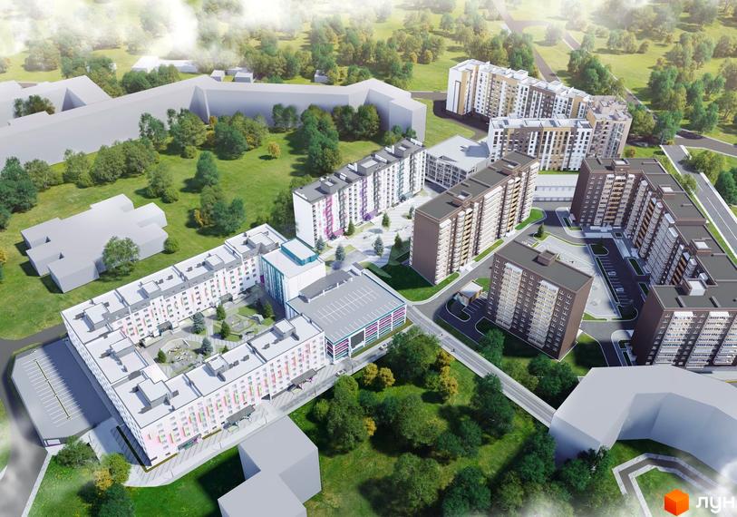 Житловий комплекс Синергія Color з багатоповерховими будинками та прибудинковою територією з зеленими зонами та дитячими майданчиками.