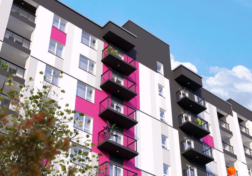 Зовнішній вигляд новобудови ЖК Синергія Color з рожевими та сірими акцентами, балконами та вікнами на фоні блакитного неба та хмар.