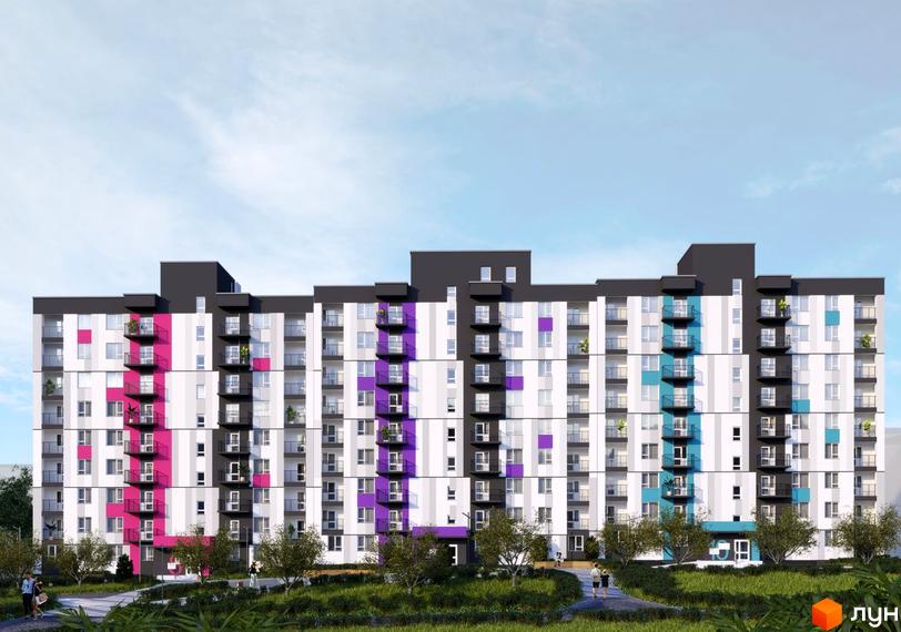 Зовнішній вигляд житлового комплексу Синергія Color з яскравими кольоровими акцентами на фасаді та упорядкованою прибудинковою територією з зеленими насадженнями.