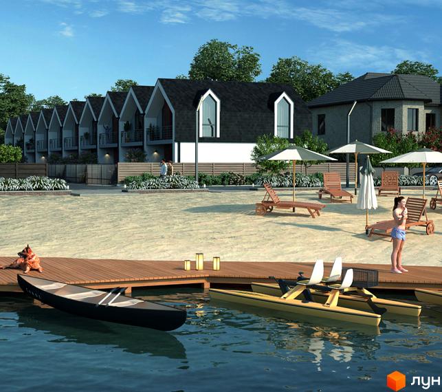 Таунхауси Scandi House 2 з чорними дахами та білими стінами розташовані на березі водойми з дерев'яним пірсом та лежаками.