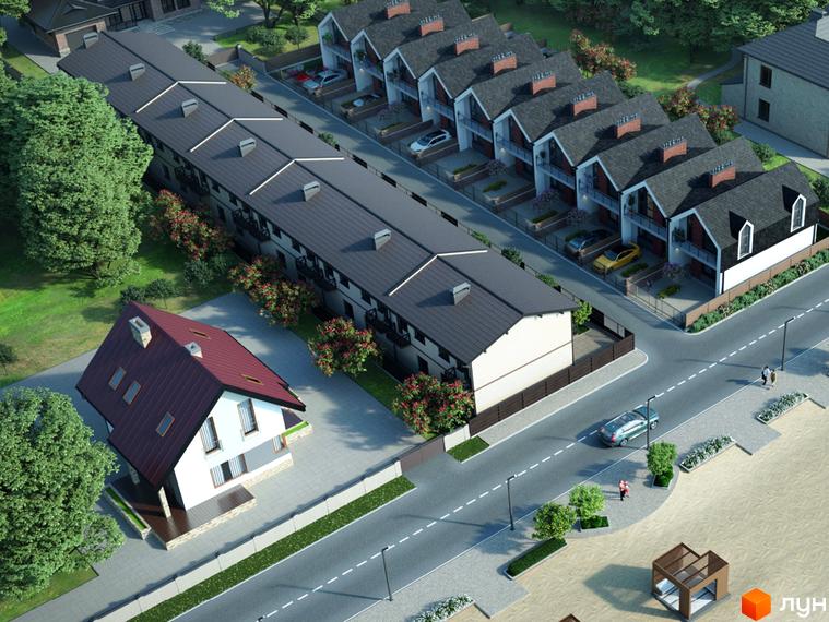 Таунхауси Scandi House 2 – це ряд двоповерхових будинків з темними скатними дахами та білими фасадами, розташовані вздовж дороги з зеленими насадженнями та пішохідною зоною.