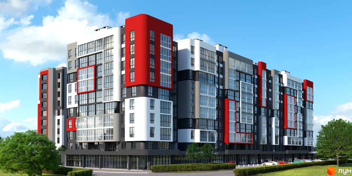 Багатоповерховий будинок ЖК Гостомель Сіті з панорамними вікнами та яскравими червоними акцентами на фасаді. На прибудинковій території зелені насадження та парковка.