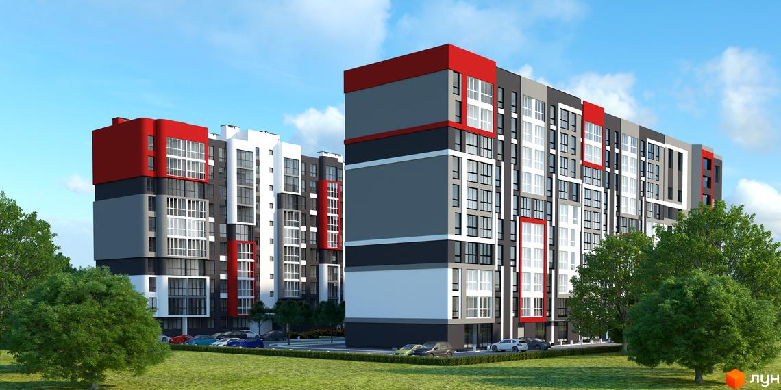 Багатоповерхові будинки ЖК Гостомель Сіті з фасадами у сіро-білих тонах та червоними акцентами. На прибудинковій території зелені насадження та парковка для автомобілів.