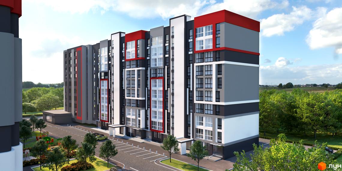 Багатоповерховий будинок ЖК Гостомель Сіті з фасадом у сіро-червоних тонах. На території є парковка, дитячий майданчик та зелені насадження.