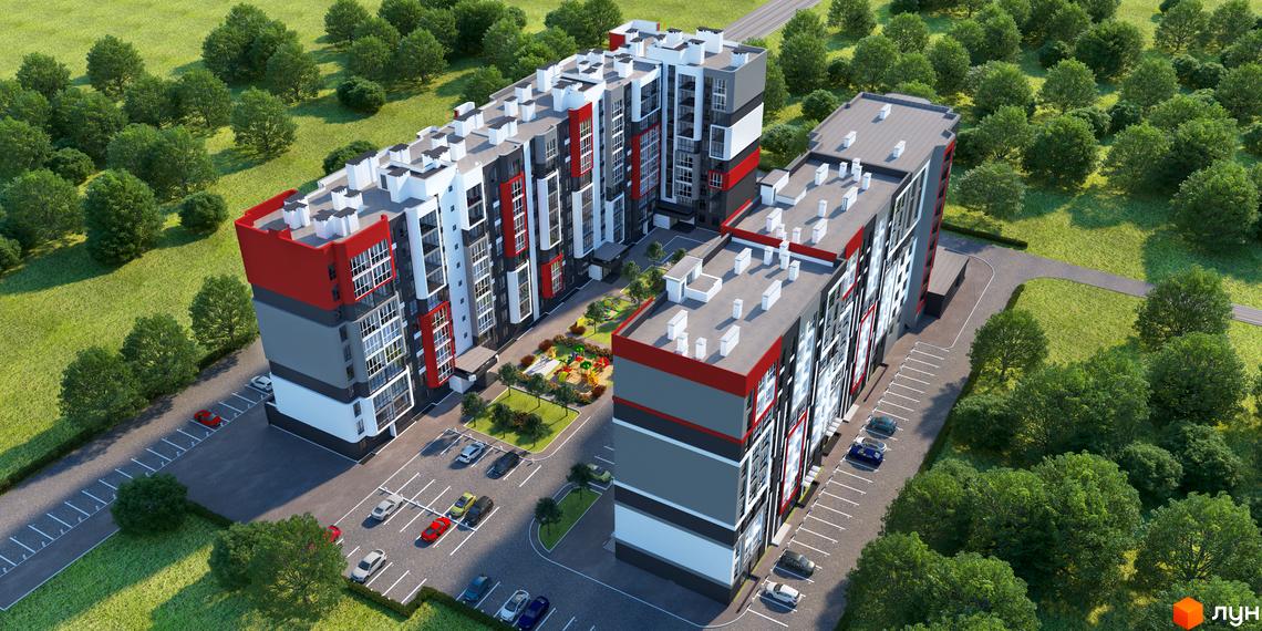 Високоповерхові будинки ЖК Гостомель Сіті з фасадами в сіро-біло-червоних кольорах. На території комплексу є парковка, дитячий майданчик та зелені насадження.