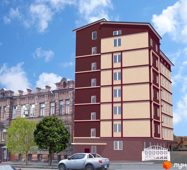 Новобудова ЖК НАДІЯ з бежево-бордовим фасадом та вікнами, на тлі старої цегляної будівлі та зелених дерев. Поруч видно білу ковану огорожу та сріблястий пікап.