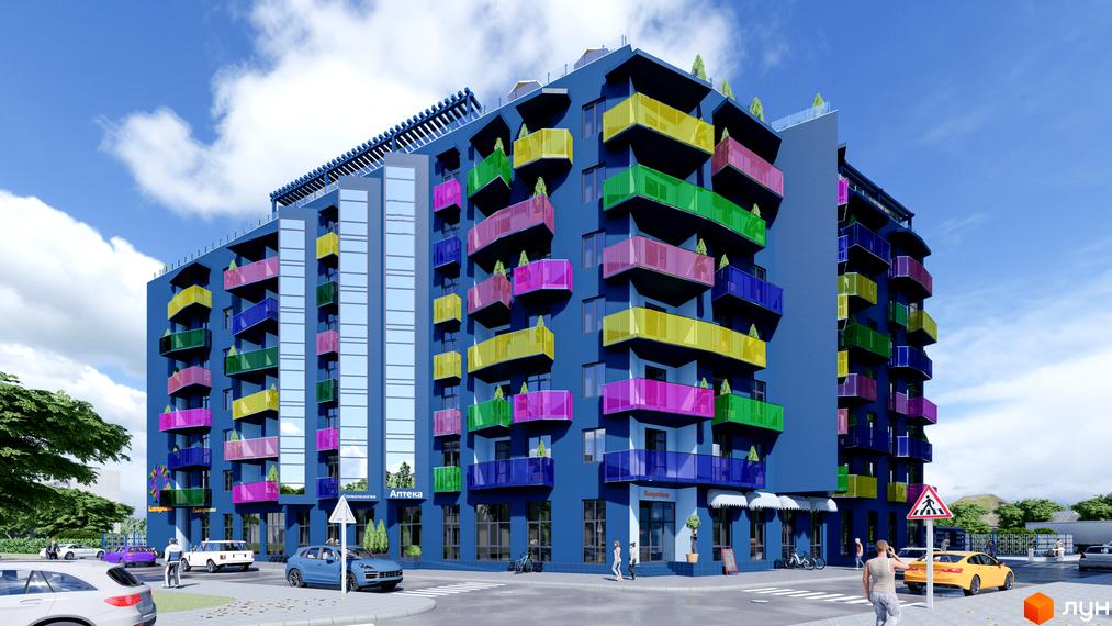 Житловий комплекс Калейдоскоп - це яскрава новобудова з кольоровими балконами та скляним фасадом. Перед будинком розташована прибудинкова територія з деревами та дорогою.