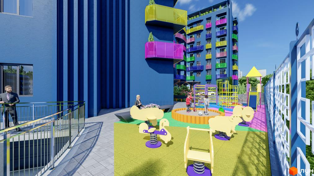 Житловий комплекс Калейдоскоп: яскрава фасадна частина будівлі з кольоровими балконами та дитячим майданчиком з ігровими елементами.