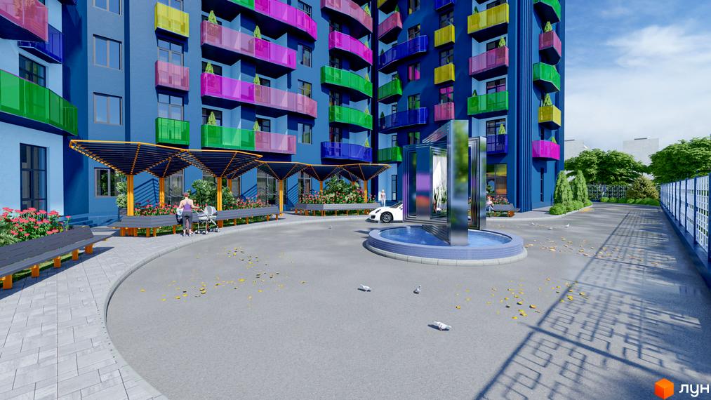 Житловий комплекс Калейдоскоп: яскрава фасадна частина будівлі з різнокольоровими балконами та облаштована прибудинкова територія з фонтаном та місцями для відпочинку.