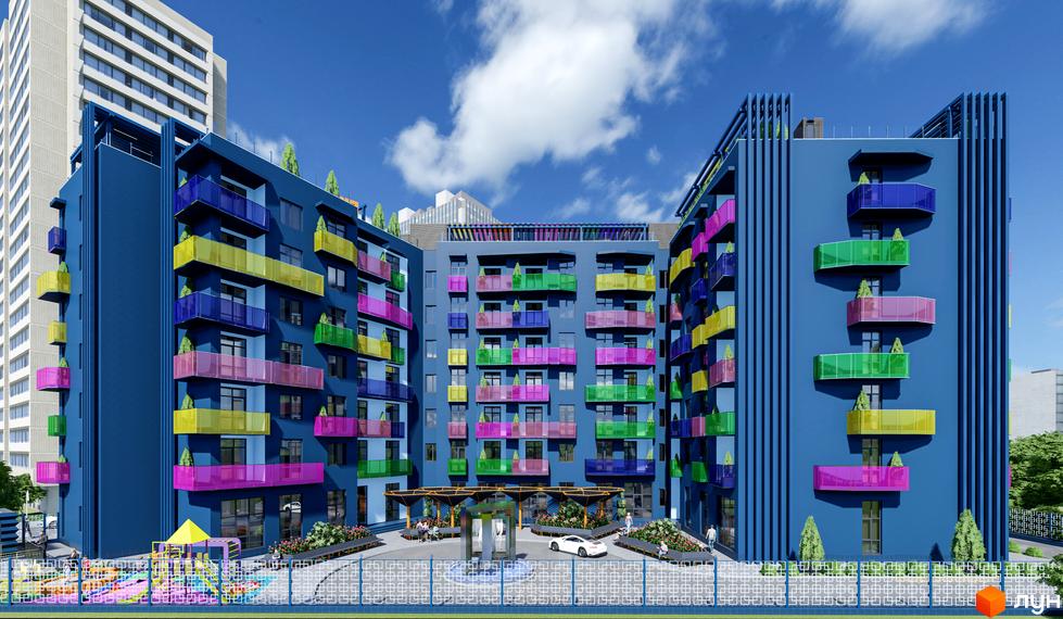 Житловий комплекс Калейдоскоп - яскрава фасадна система з кольоровими балконами та дитячий майданчик на прибудинковій території.