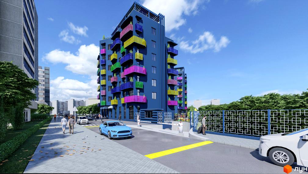 Житловий комплекс Калейдоскоп - яскрава архітектура з кольоровими балконами та доглянутою прибудинковою територією.
