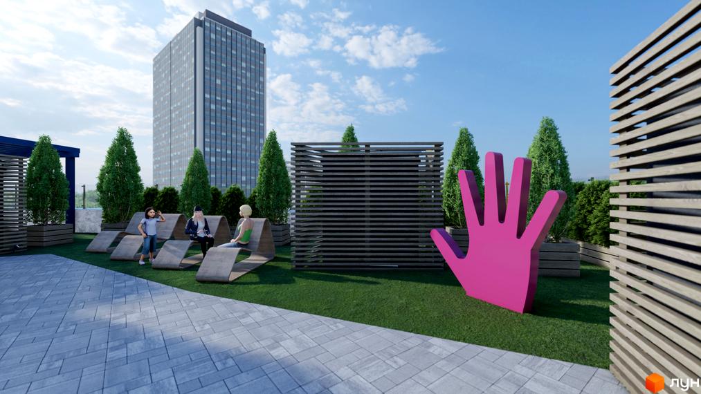 Житловий комплекс Калейдоскоп: сучасна архітектура та затишна прибудинкова територія з зонами відпочинку та арт-об'єктами.