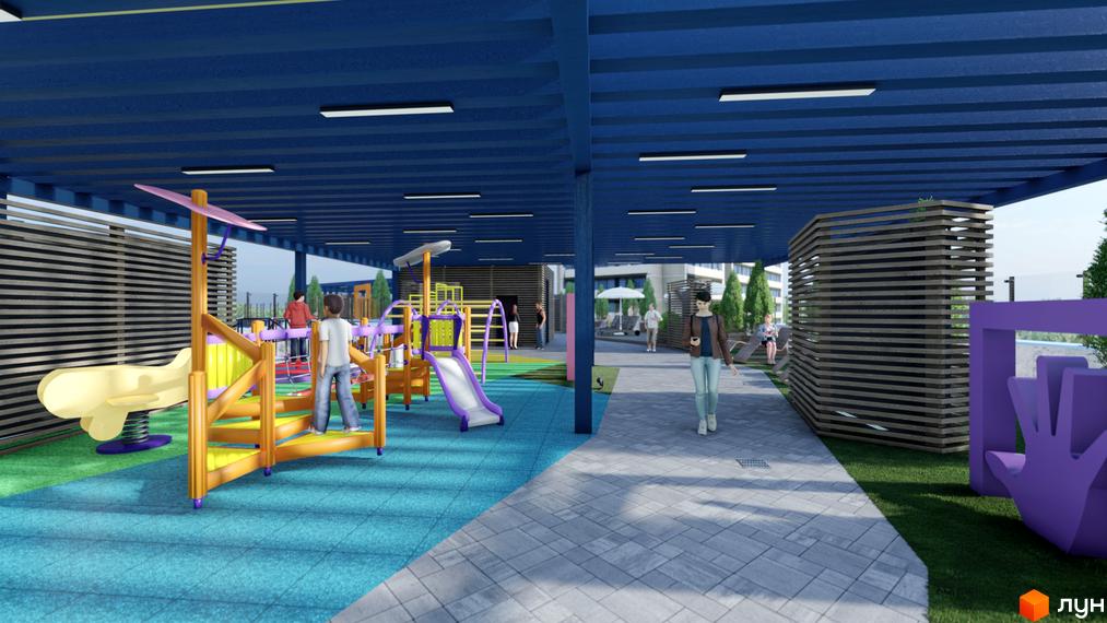 Дитячий майданчик в житловому комплексі Калейдоскоп з гіркою, гойдалкою та різнокольоровим покриттям. Територія навколо облаштована доріжками та зонами відпочинку.