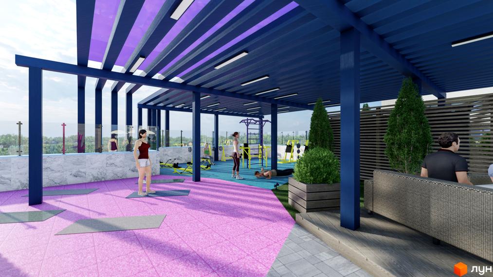 Житловий комплекс Калейдоскоп: відкритий фітнес-майданчик з тренажерами та зоною для йоги під навісом.