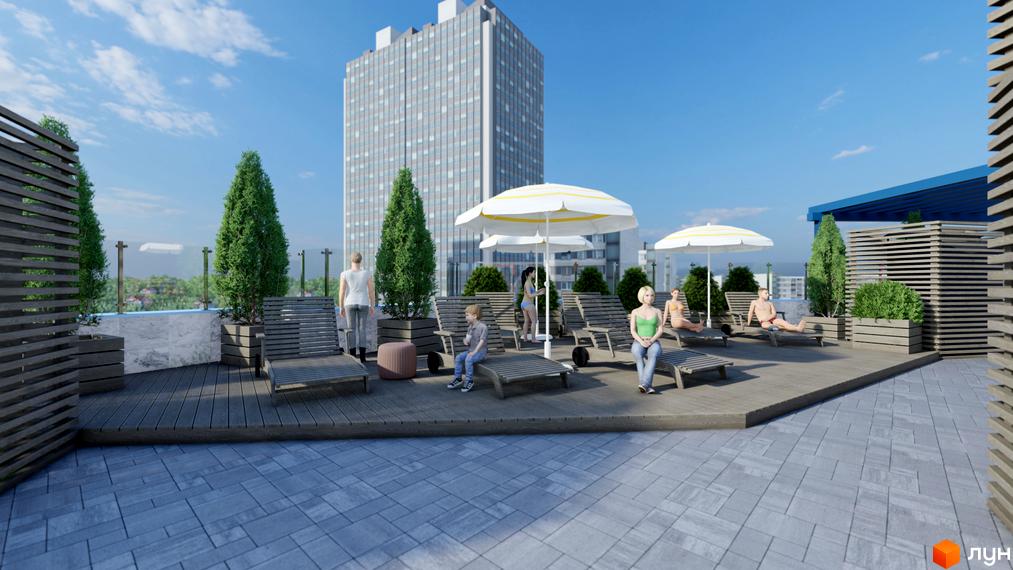 Житловий комплекс Калейдоскоп: відпочинок на терасі з шезлонгами та парасолями біля висотної будівлі.