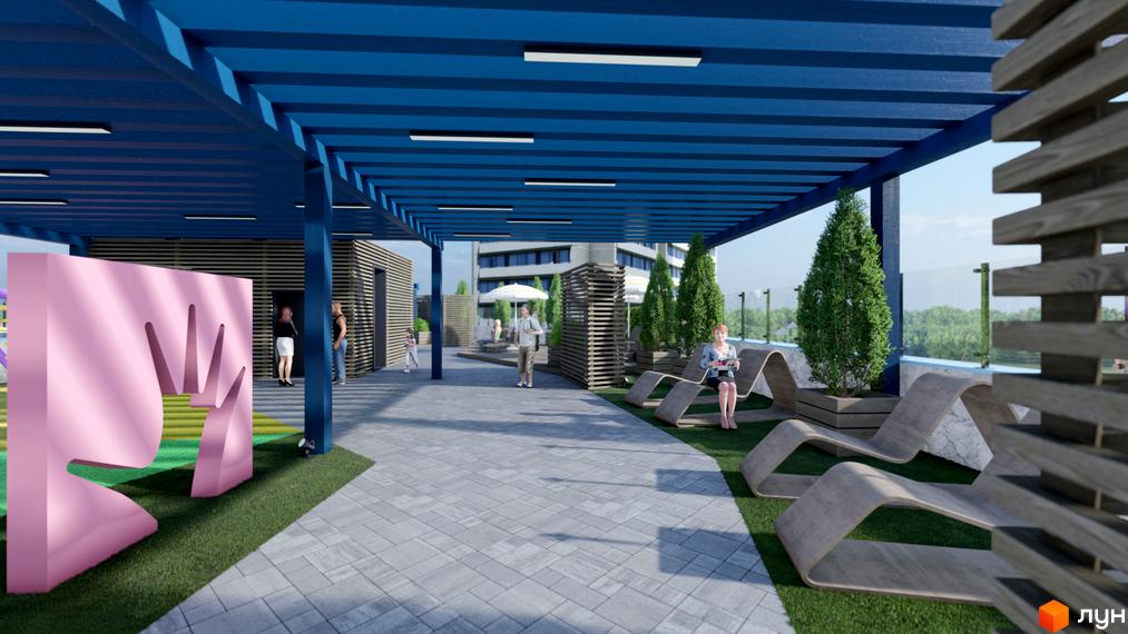 Тераса житлового комплексу Калейдоскоп з лаунж-зоною та арт-об'єктом. Сучасний дизайн прибудинкової території з місцями для відпочинку та озелененням.