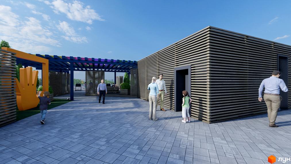 Житловий комплекс Калейдоскоп: сучасна архітектура та затишна прибудинкова територія з альтанками та дитячою зоною.