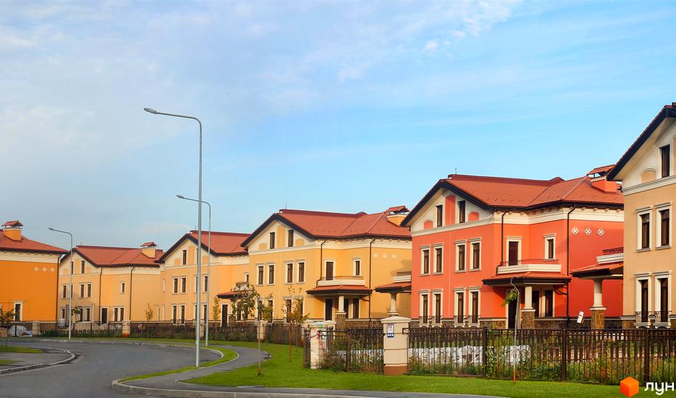 Котеджне містечко Італійський квартал: ряд двоповерхових будинків з червоними дахами та різнокольоровими фасадами. Озеленена територія з доглянутими газонами та парканом.