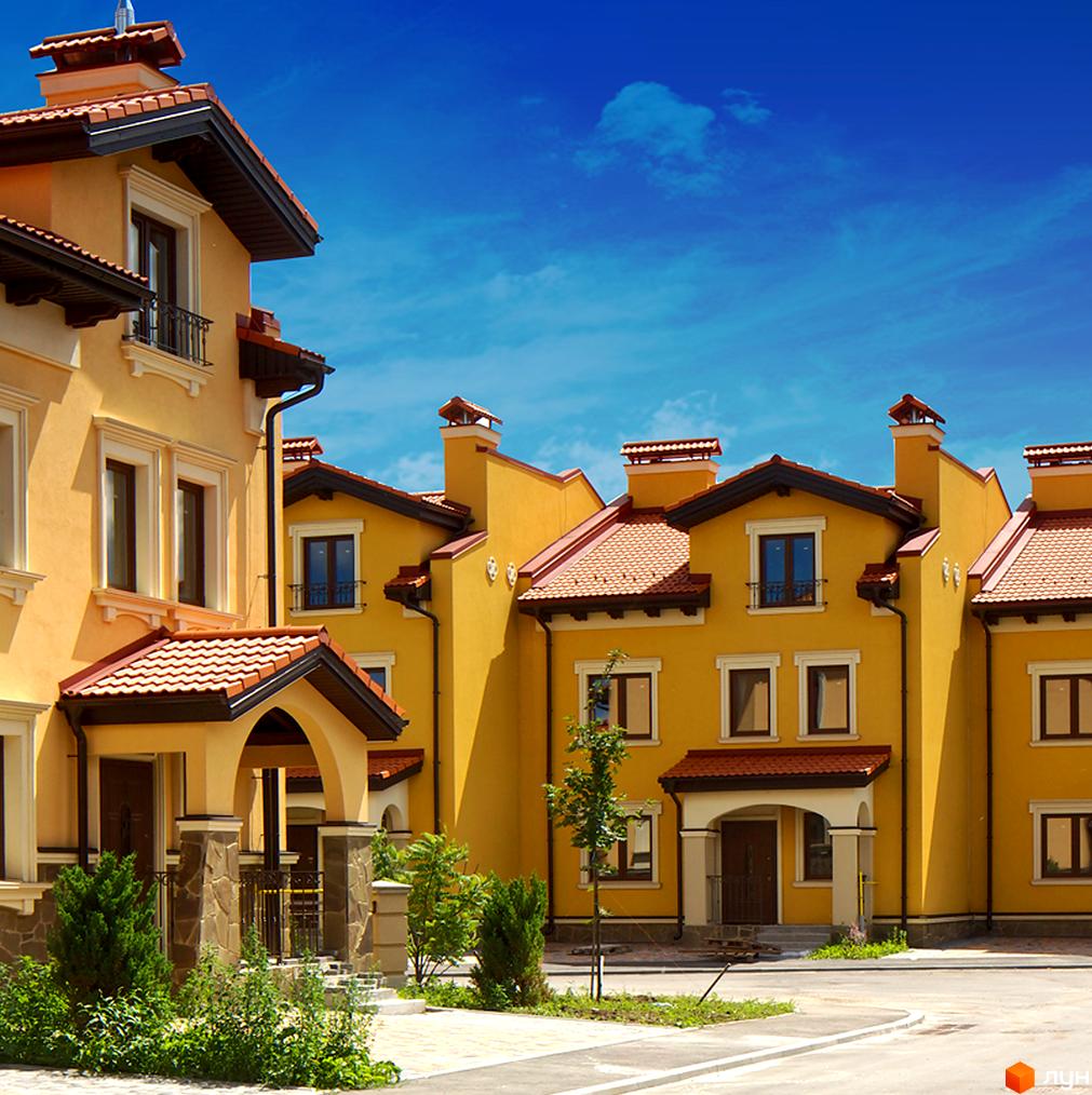 Котеджне містечко КМ Італійський квартал: фасади жовтих будинків з червоними черепичними дахами та зелені насадження навколо. Зовнішній вигляд новобудов та прибудинкової території.