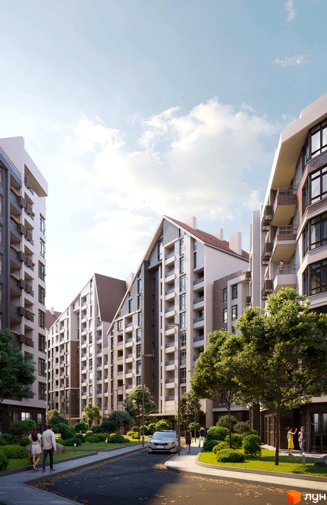 Житловий комплекс Синергія Сіті з багатоповерховими будинками та доглянутою прибудинковою територією з деревами та газонами.