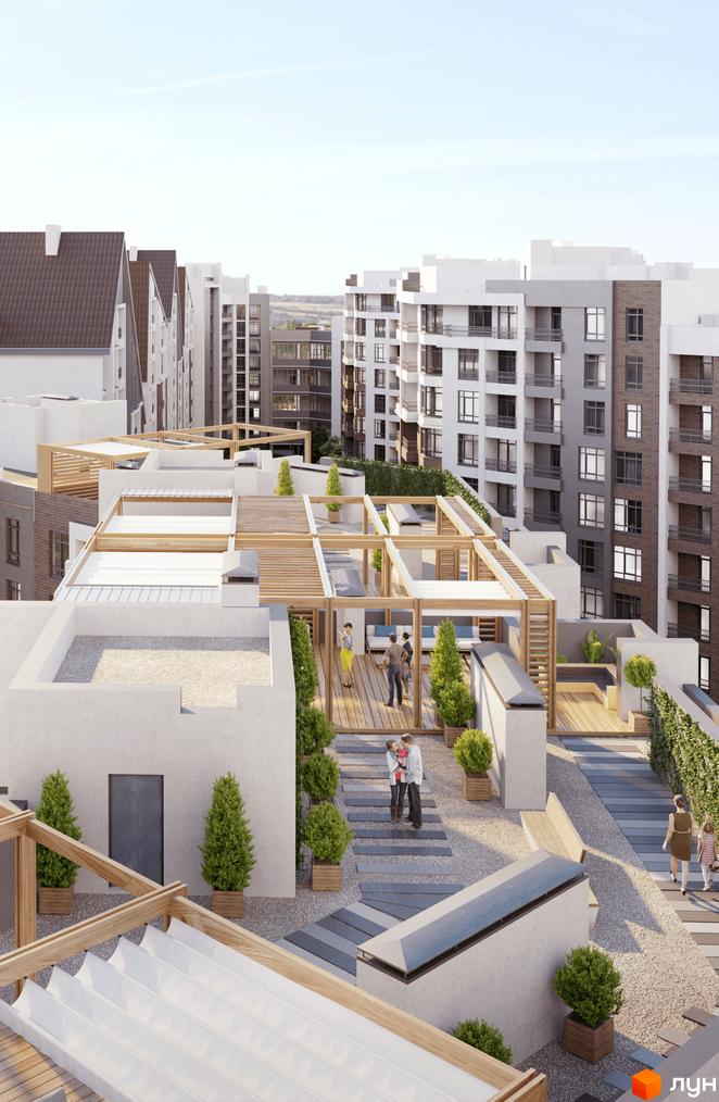 Житловий комплекс Синергія Сіті: сучасні багатоповерхові будинки з терасами та зонами відпочинку на дахах. Простора прибудинкова територія з ландшафтним дизайном та місцями для дозвілля.