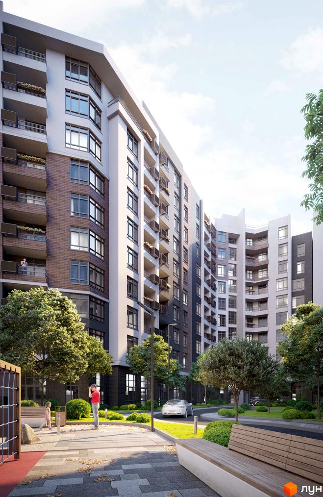 Житловий комплекс Синергія Сіті з сучасними фасадами та балконами, зеленою прибудинковою територією та дитячим майданчиком.