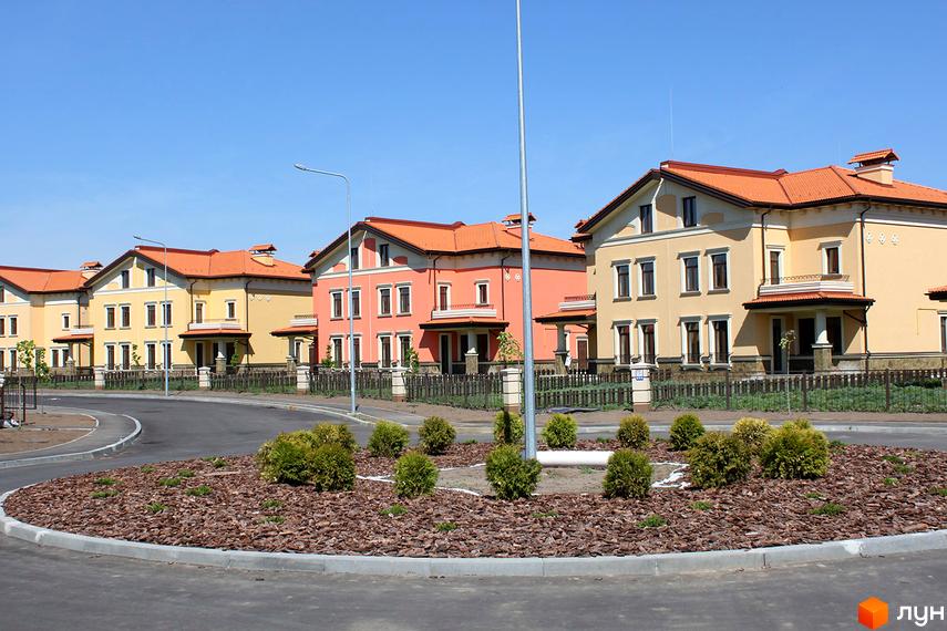 Котеджне містечко КМ Італійський квартал: двоповерхові будинки з червоними дахами та жовтими фасадами, огороджені парканом. На прибудинковій території - зелені насадження та доглянутий газон.