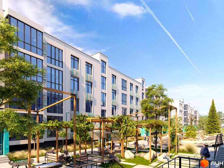 Житловий комплекс Ібіс з білими фасадами та великими вікнами, зеленою прибудинковою територією з альтанками та місцями для відпочинку.