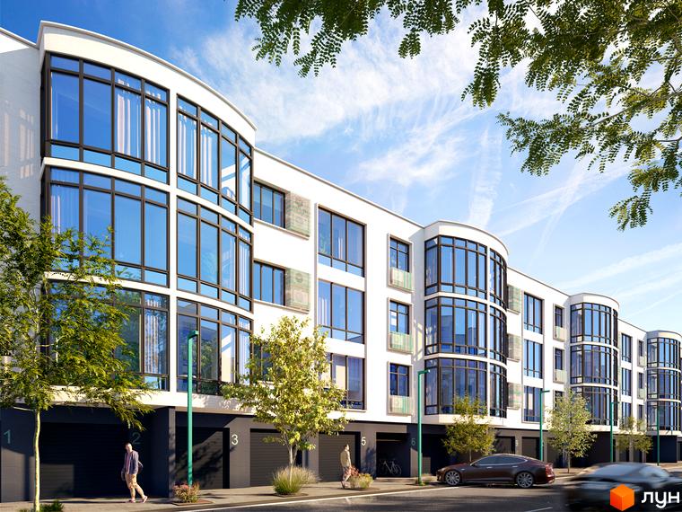 Фасад житлового комплексу Ібіс з великими панорамними вікнами та гаражними боксами. Перед будинком розташована дорога та зелені насадження.