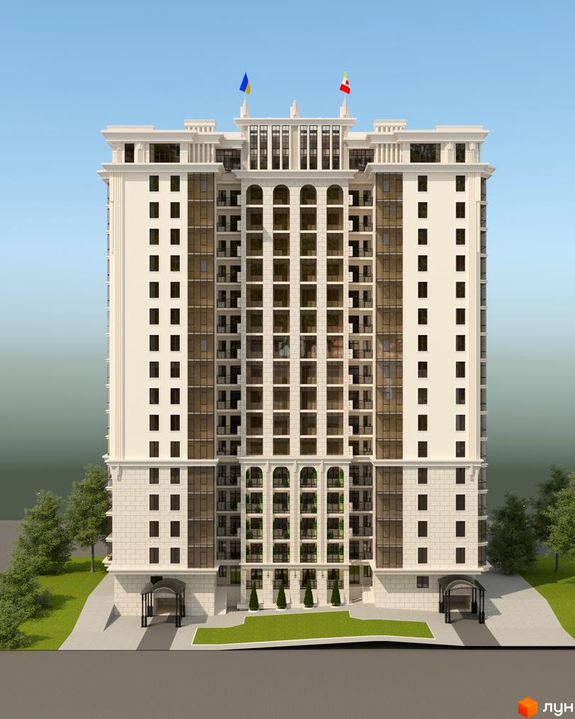 Зовнішній вигляд житлового комплексу Юпітер з фасадом у класичному стилі та прибудинковою територією з зеленими насадженнями. Новобудова має багато вікон та балконів, що створюють сучасний вигляд.