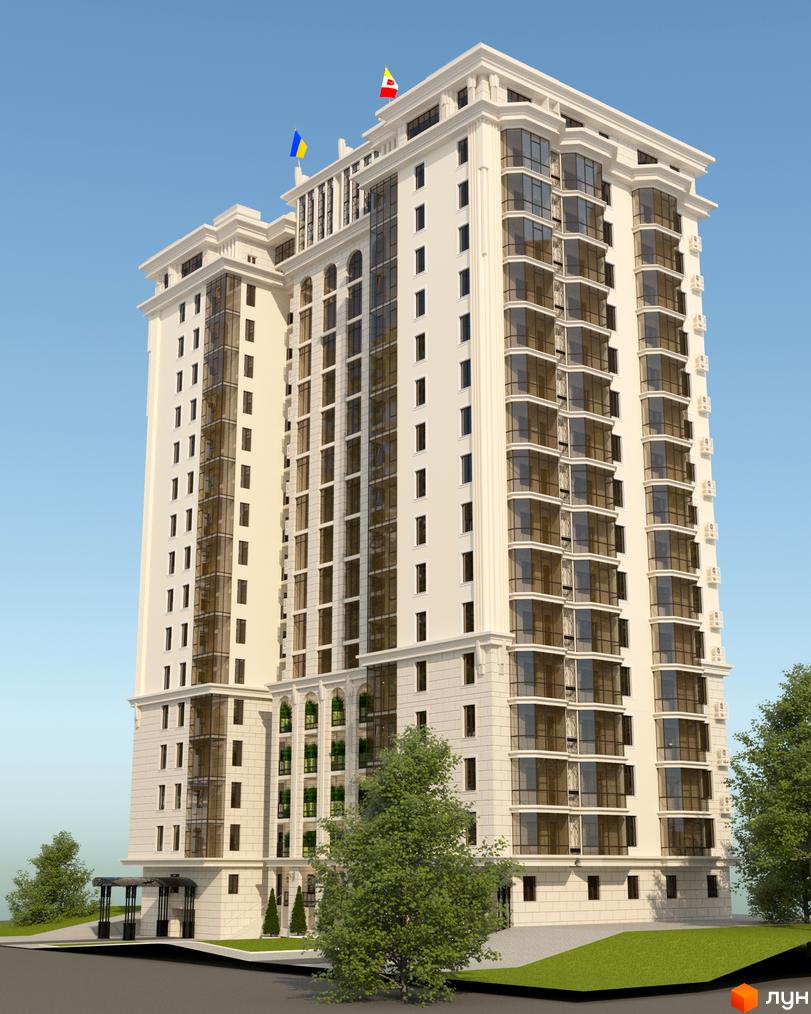 Житловий комплекс Юпітер - висотна новобудова з панорамними вікнами та колонами, оточена зеленими деревами та доглянутим газоном.