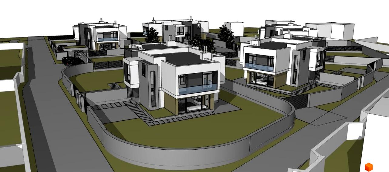 Зовнішній вигляд будинків котеджного містечка КМ Riviera Gold з прибудинковою територією та дорогою. Новобудова з сучасними фасадами та великими вікнами.