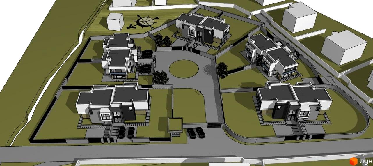 Котеджне містечко Riviera Gold: сучасні будинки з пласкими дахами та прибудинковою територією з доріжками та зеленими насадженнями.