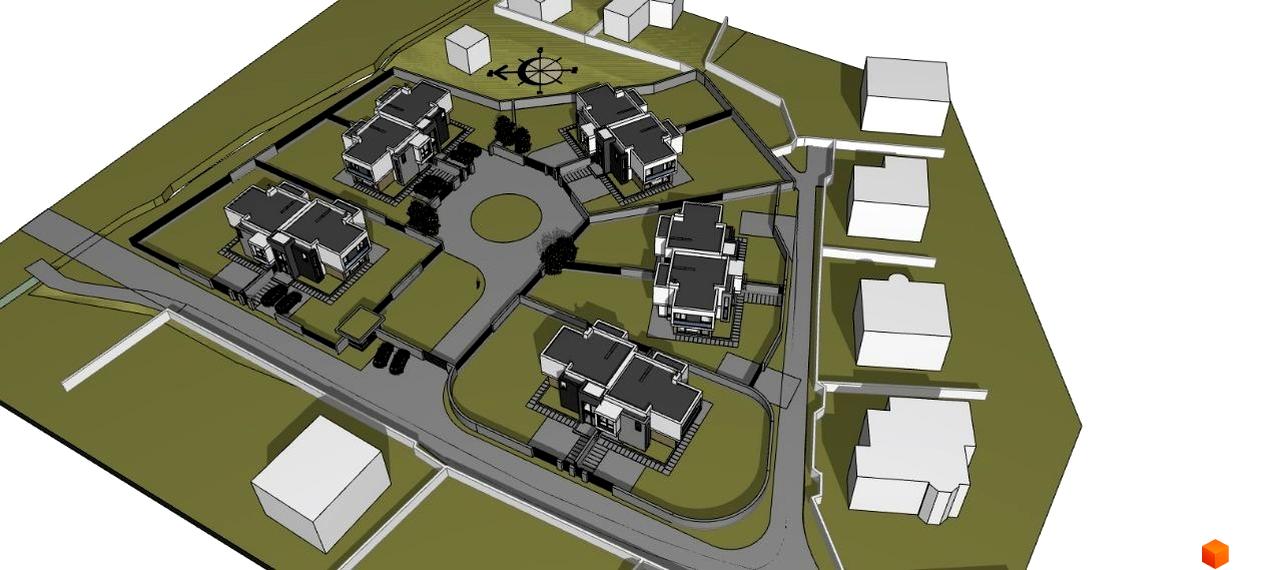 Котеджне містечко Riviera Gold: вид згори на сучасні будинки з пласкими дахами та прибудинковою територією з дорогою та зеленими насадженнями.