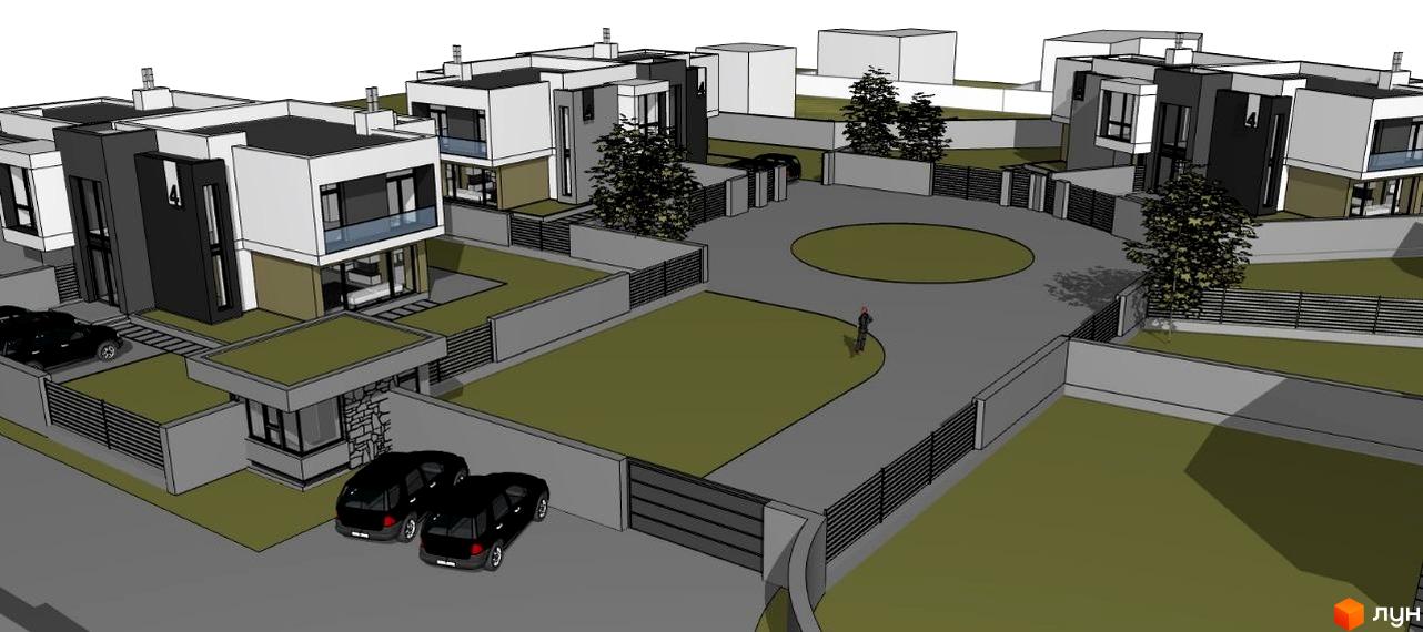 Котеджне містечко Riviera Gold: архітектура будинків з панорамними вікнами та терасами, огороджена територія з доглянутими газонами та доріжками.