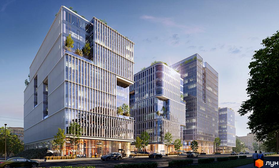 NUVO BUSINESS PARK - сучасний офісний центр з панорамним склінням та зеленню на терасах. Навколо комплексу розташовані доглянуті вулиці з деревами та пішохідними зонами.