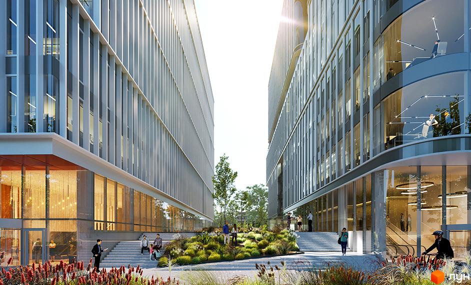 NUVO BUSINESS PARK - сучасний офісний центр з великою прибудинковою територією та зеленими насадженнями. Зовнішній вигляд будівлі вражає своєю архітектурою та скляними фасадами.