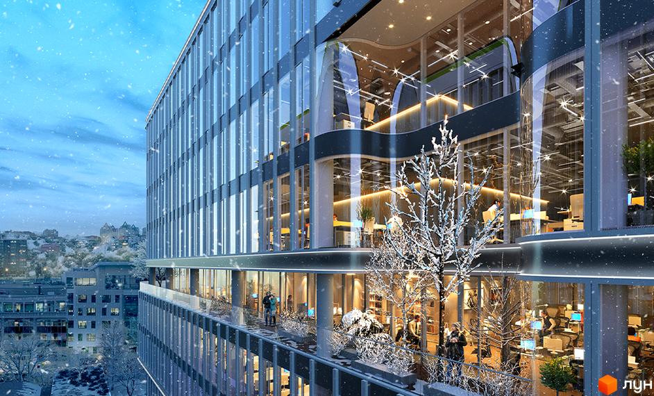 NUVO BUSINESS PARK - сучасний офісний центр із скляним фасадом та балконами, оточений засніженими деревами та міським пейзажем.