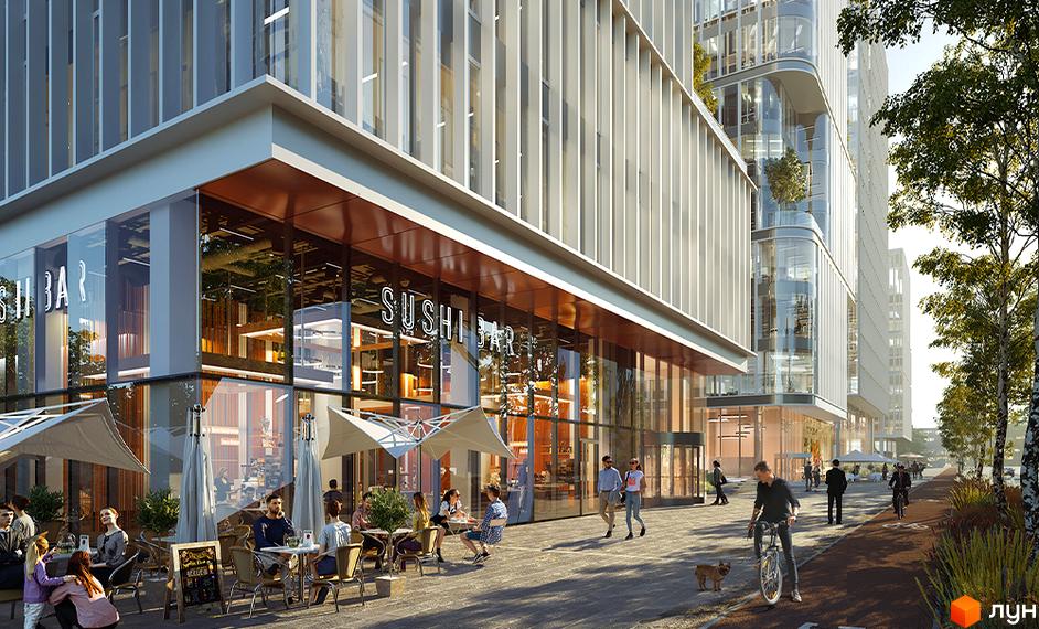 Зовнішній вигляд NUVO BUSINESS PARK з фасадом з вертикальних панелей та скляними елементами, з зоною відпочинку та пішохідною доріжкою поруч.