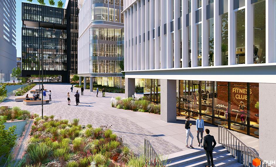 NUVO BUSINESS PARK - сучасний бізнес-центр з великими вікнами та доглянутою прибудинковою територією з зонами відпочинку.